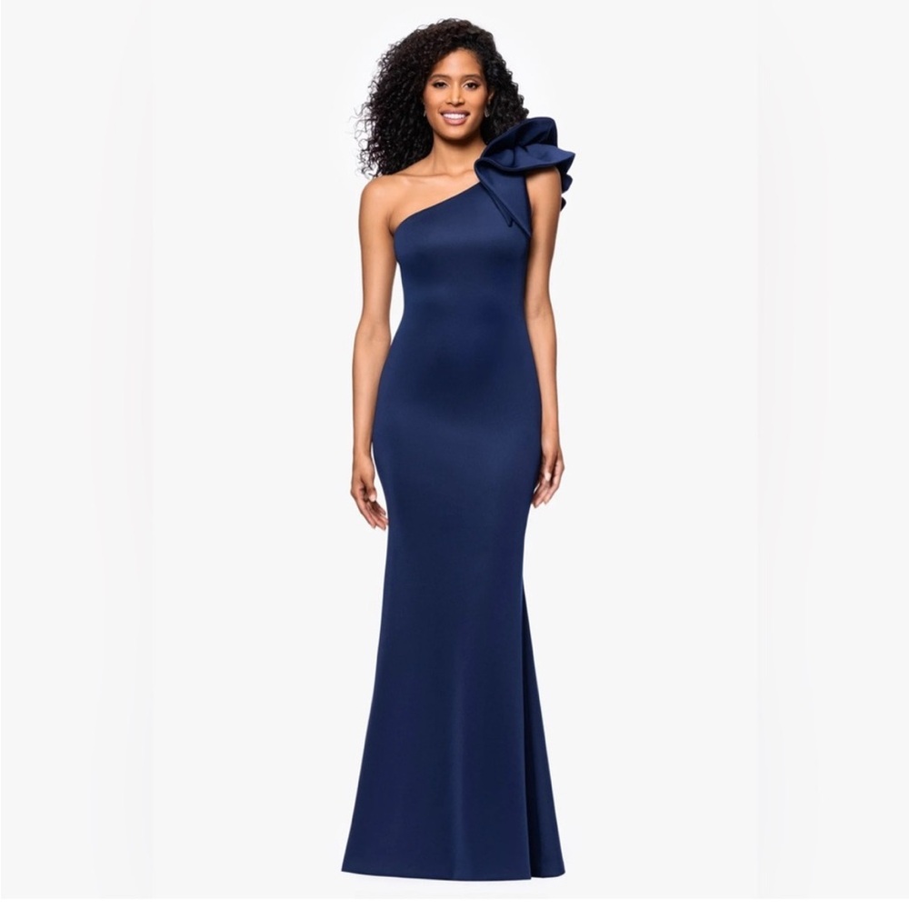 Betsy & Adam Navy One Shoulder Bow Ruffle Formal Gown NWT Size 4 MOB GALA PARTY